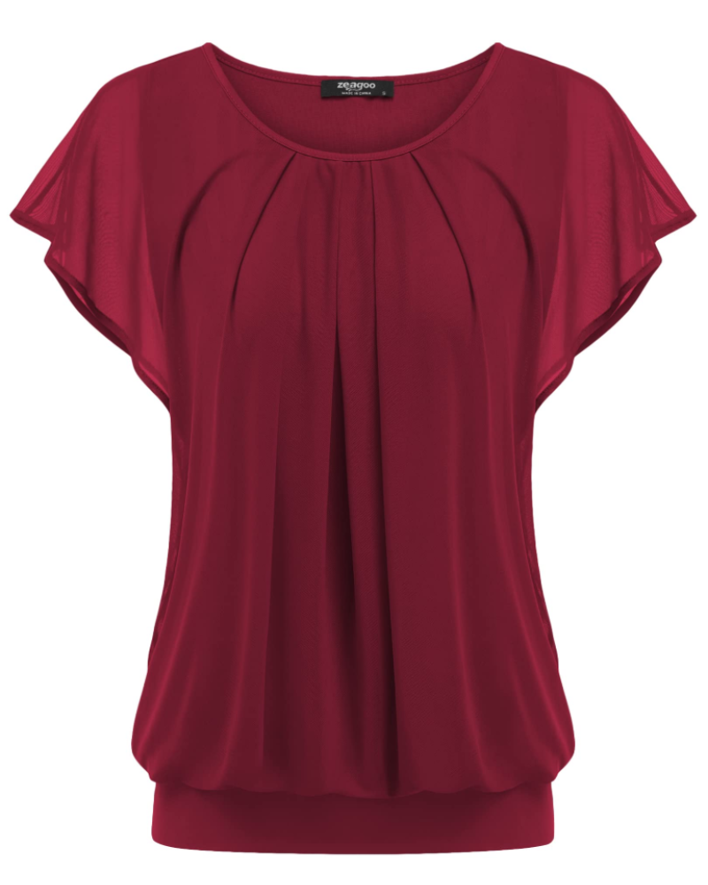 Zoe Blouse Femme Double Couche – Maille Respirante, Manches Chauve-Souris et Plissée