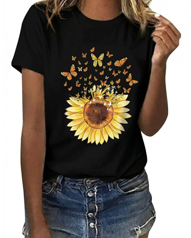 Mia T-shirt Femme Coton – Imprimé Floral, Manches Courtes et Col Rond