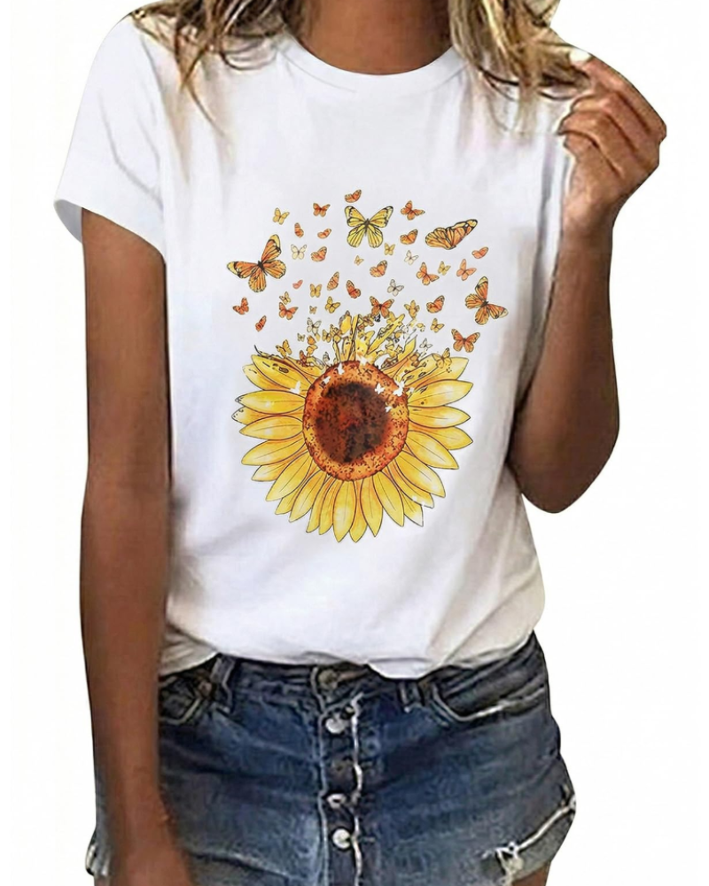 Mia T-shirt Femme Coton – Imprimé Floral, Manches Courtes et Col Rond