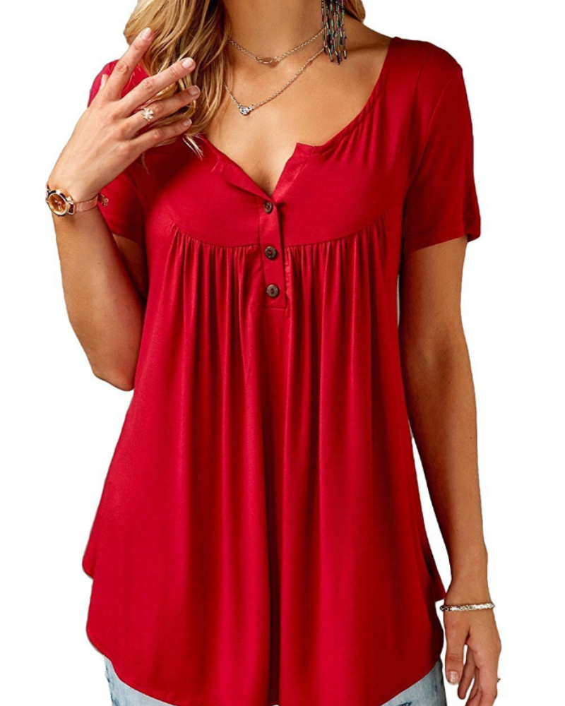 Tunique Sienna pour femme – Col en V, boutons, manches courtes et coupe ample