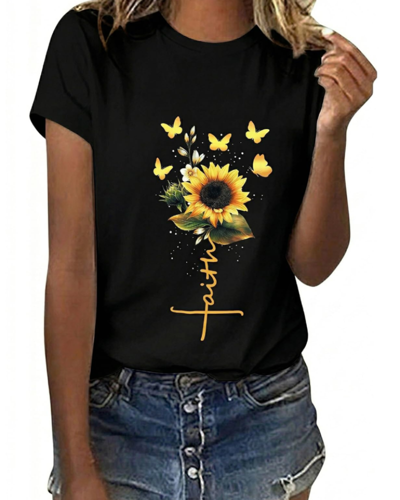 Mia Camiseta Mujer Algodón – Estampado Floral, Manga Corta y Cuello Redondo