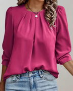 Florence Blusa de Chifón Mujer – Cuello Redondo, Pliegues Frontales y Manga Larga