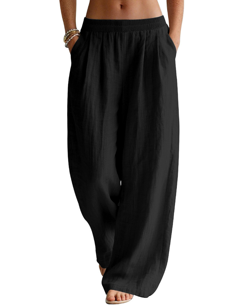 Jasmine Pantalón Palazzo Mujer – Lino Algodón con Cintura Elástica y Bolsillos