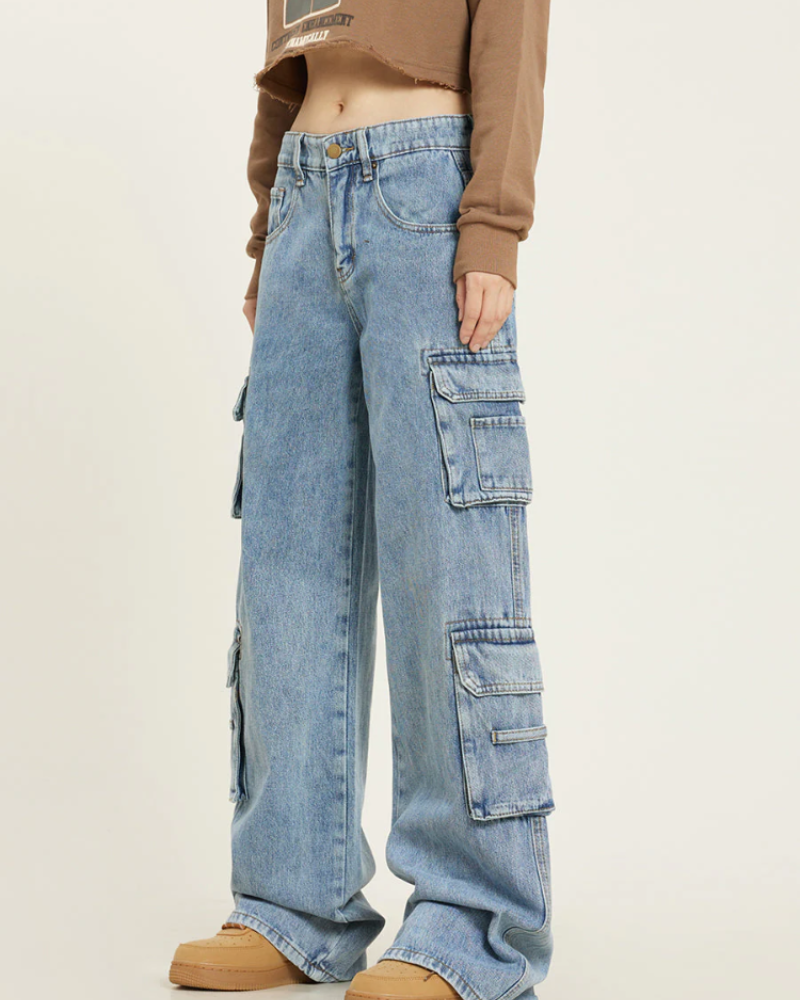 Lena Vaqueros Cargo Mujer – Corte Baggy, Pierna Ancha y Bolsillos Utilitarios