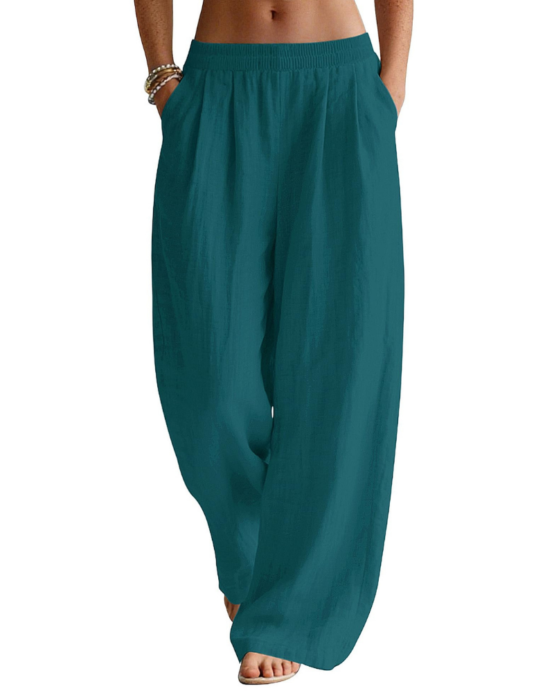 Jasmine Pantalón Palazzo Mujer – Lino Algodón con Cintura Elástica y Bolsillos