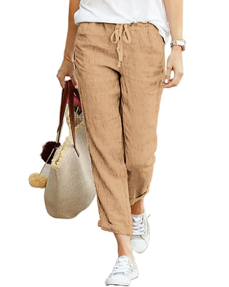 Elise Pantalón Lino Mujer – 7/8 con Cintura Elástica, Cordón y Bolsillos