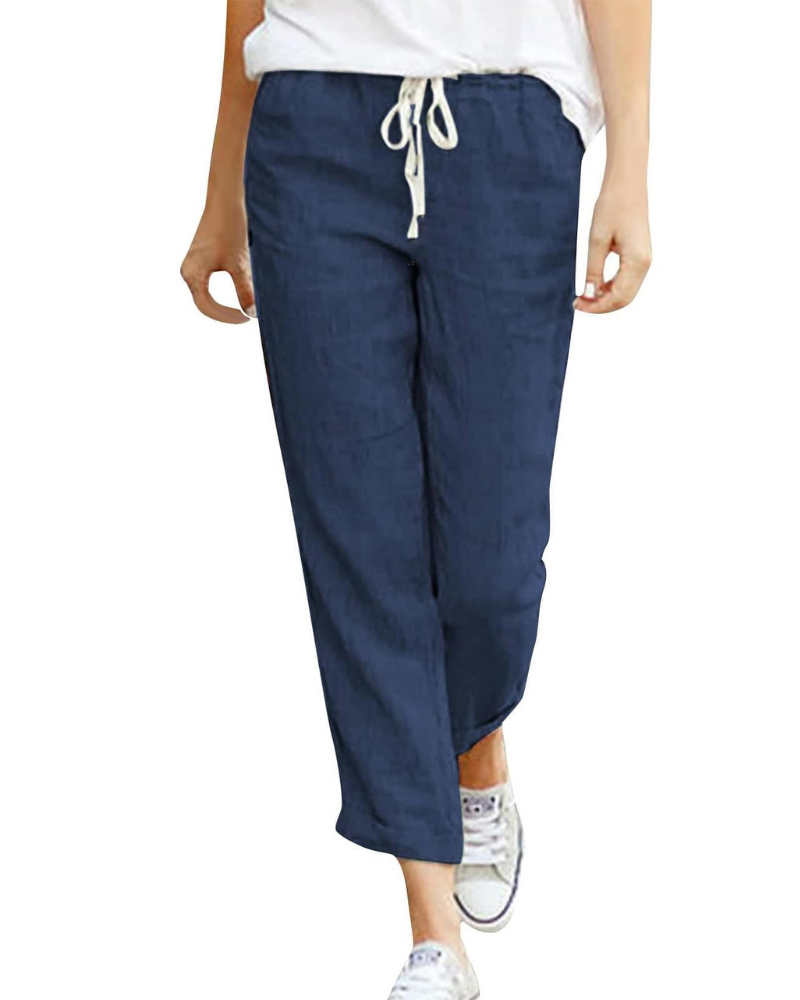 Elise Pantalón Lino Mujer – 7/8 con Cintura Elástica, Cordón y Bolsillos