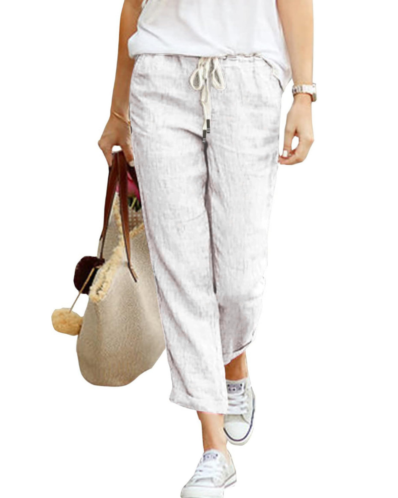 Elise Pantalón Lino Mujer – 7/8 con Cintura Elástica, Cordón y Bolsillos