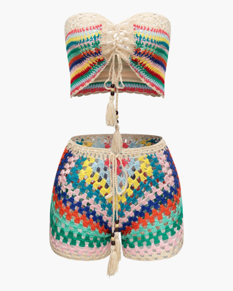 Lacey Conjunto de Crochet Mujer – Bustier Ajustable y Shorts Coloridos Estilo Boho