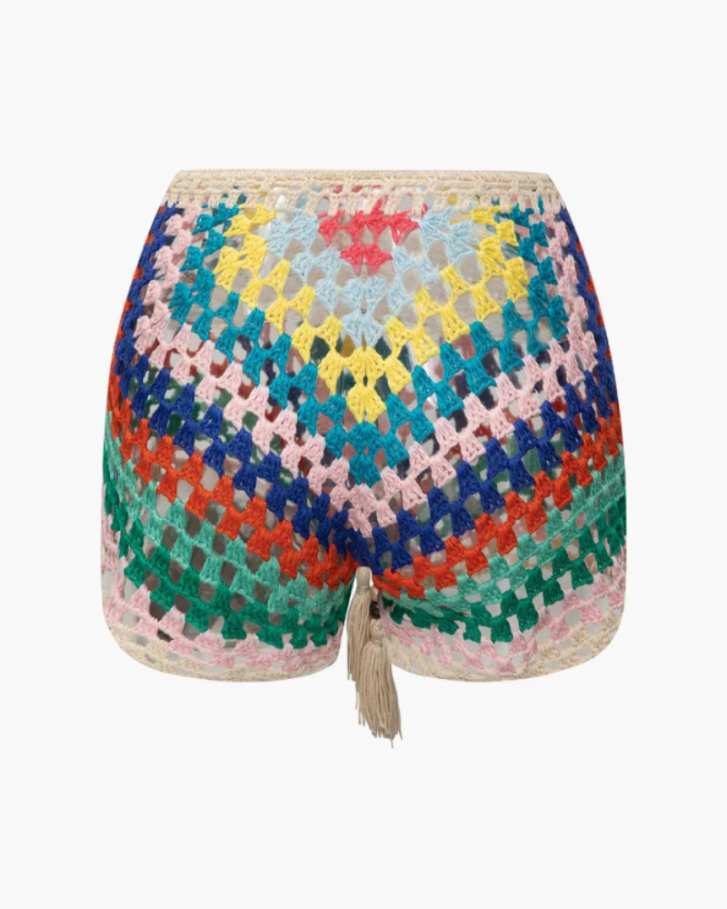 Lacey Conjunto de Crochet Mujer – Bustier Ajustable y Shorts Coloridos Estilo Boho