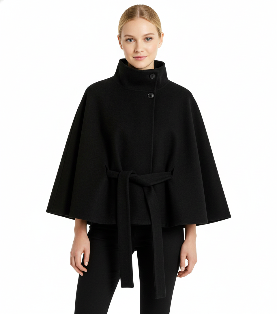 Ivanna Manteau en laine pour femme – Manteau long élégant avec ceinture et col montant