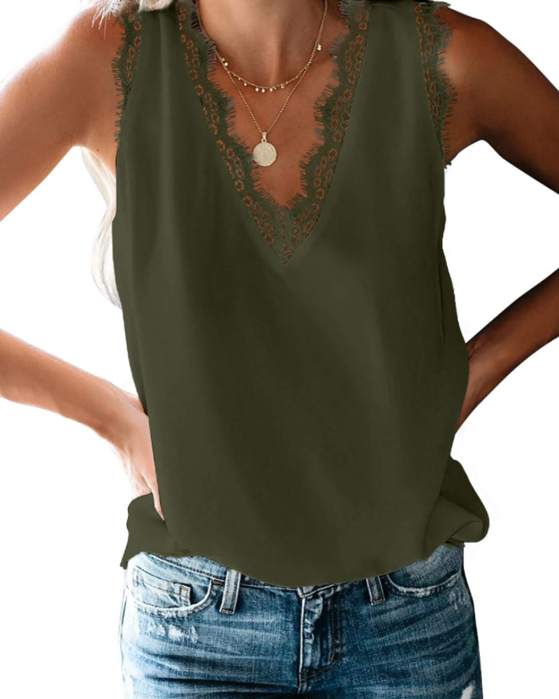Elena Top Cami Mujer – Escote en V, Encaje, Espalda Racerback y Tejido Elástico