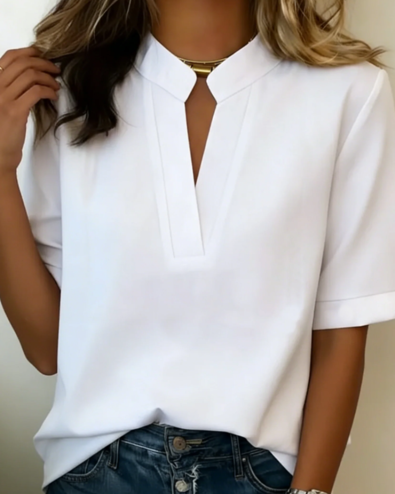 Harriet Blusa Mujer – Cuello Mao, Escote en V, Manga Corta y Corte Relajado