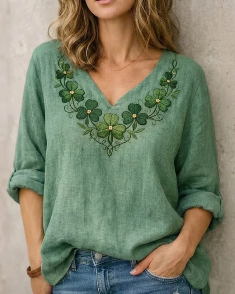 Genevieve Blusa Mujer – Escote en V, Bordado Frontal y Manga Larga Elegante