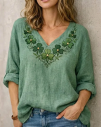 Genevieve Blusa Mujer – Escote en V, Bordado Frontal y Manga Larga Elegante
