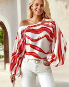 Freya Blusa Asimétrica Mujer – Un Hombro, Mangas Globo y Estampado Ondulado