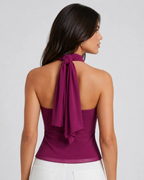 Avery Top Halter Mujer – Volantes, Espalda Abierta y Detalle Dorado