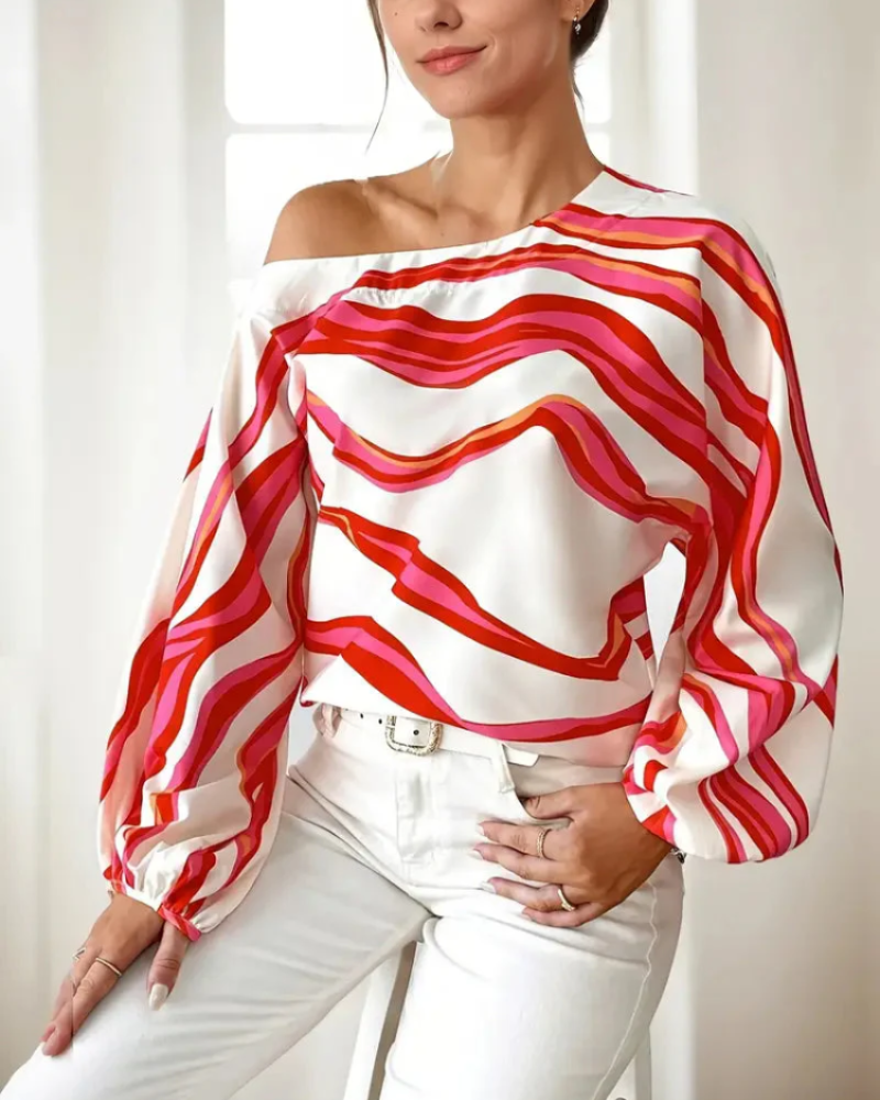 Freya Blusa Asimétrica Mujer – Un Hombro, Mangas Globo y Estampado Ondulado