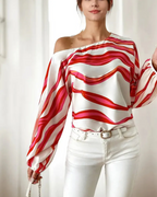 Freya Blusa Asimétrica Mujer – Un Hombro, Mangas Globo y Estampado Ondulado