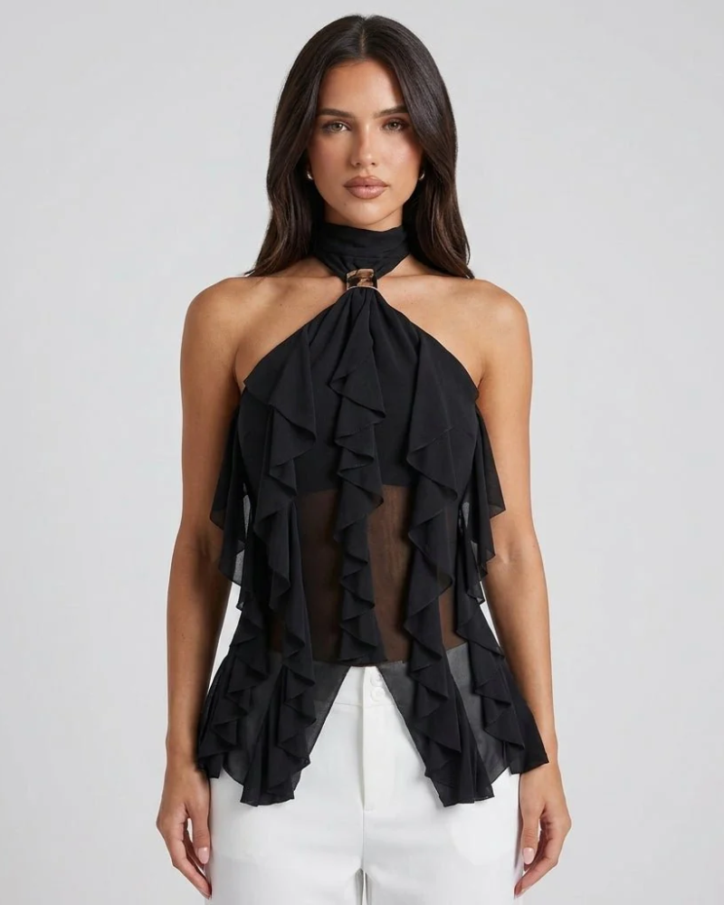 Avery Top Halter Mujer – Volantes, Espalda Abierta y Detalle Dorado