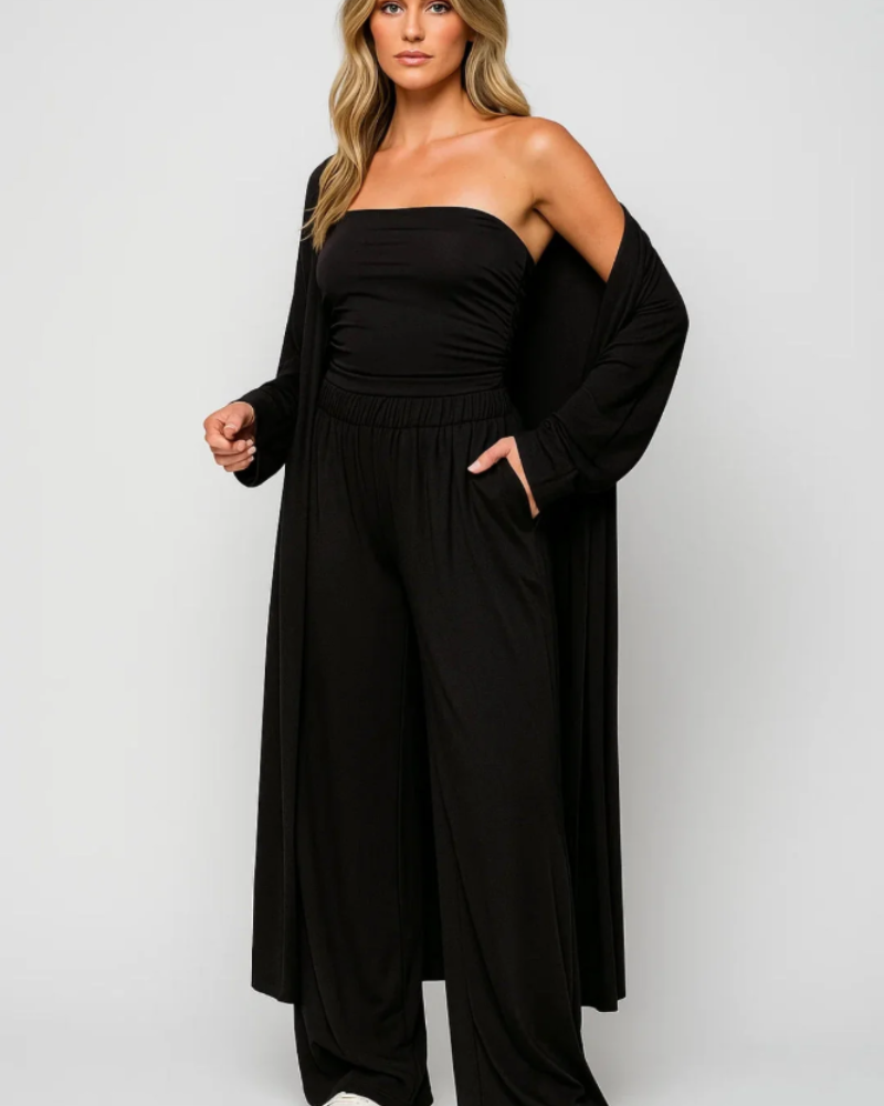 Delaney Conjunto 3 Piezas Mujer – Top Bandeau, Pantalón Ancho y Cárdigan