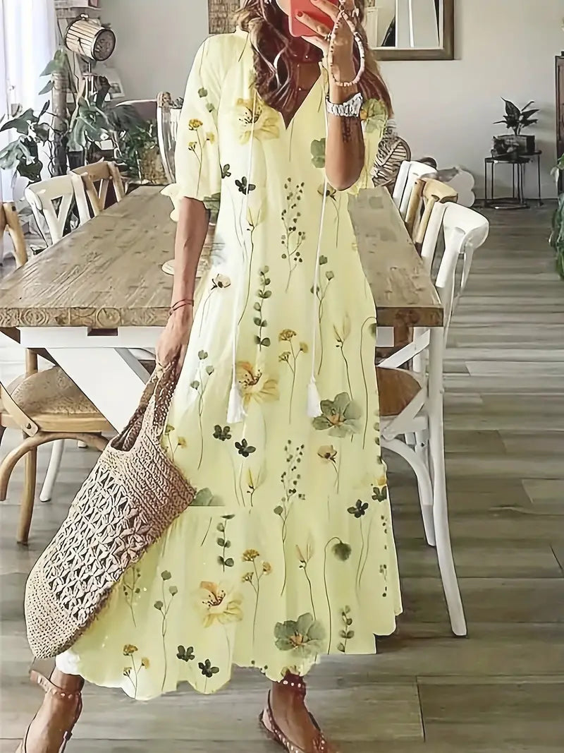 Charm Vestido Bohemio para Mujer – Vestido Floral Ikat con Escote en V Chic