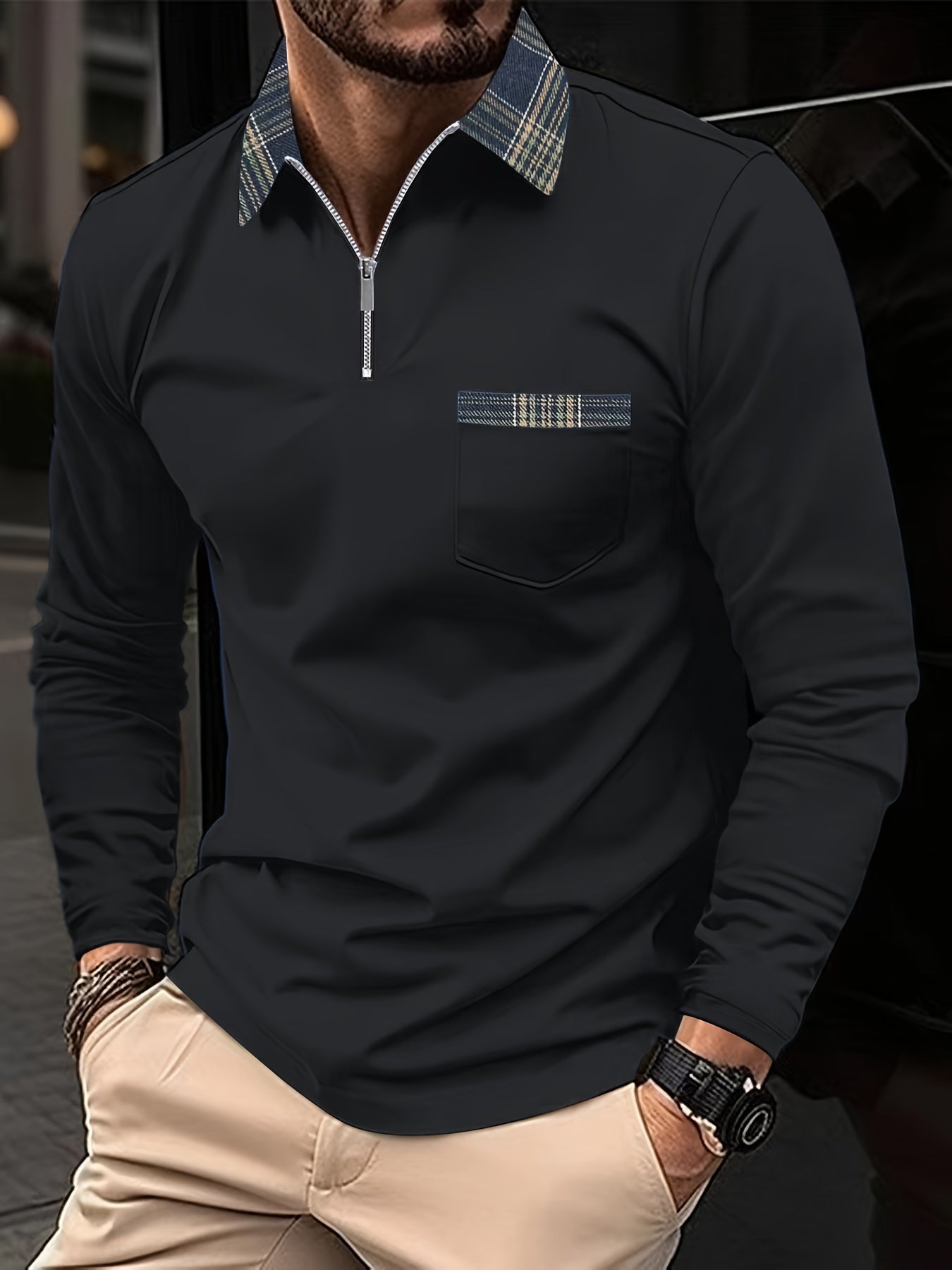 Frank Polo de Manga Larga para Hombre – Polo Cremallera Cuadros Elegante