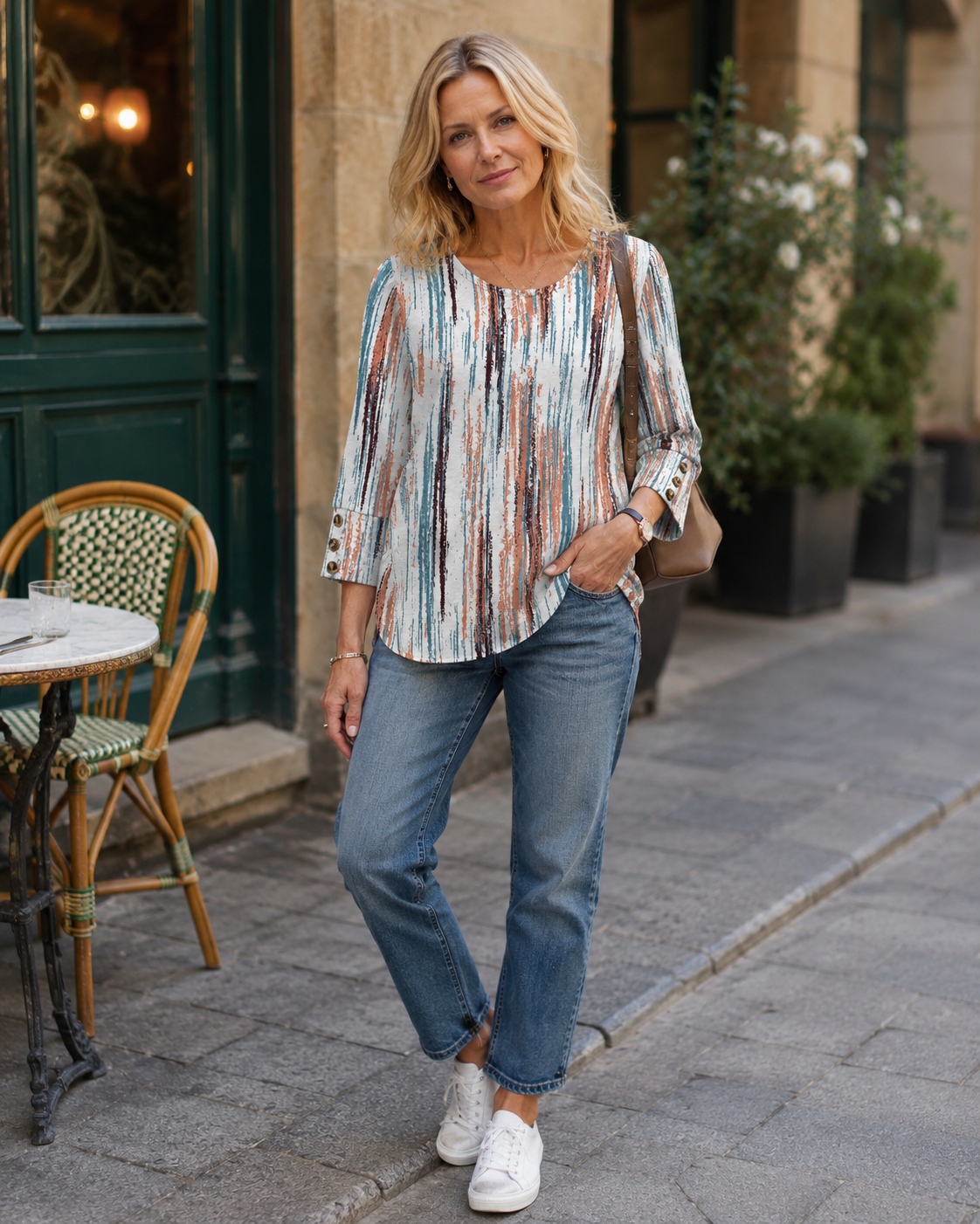 Bella Blusa Mujer – Botones Frontales, Manga 3/4 y Tejido Ligero Suave