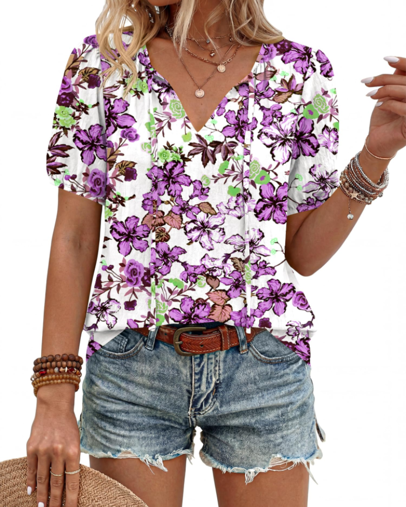 Isla Blusa Mujer – Estilo Boho, Escote en V, Lazo Frontal y Manga Abullonada