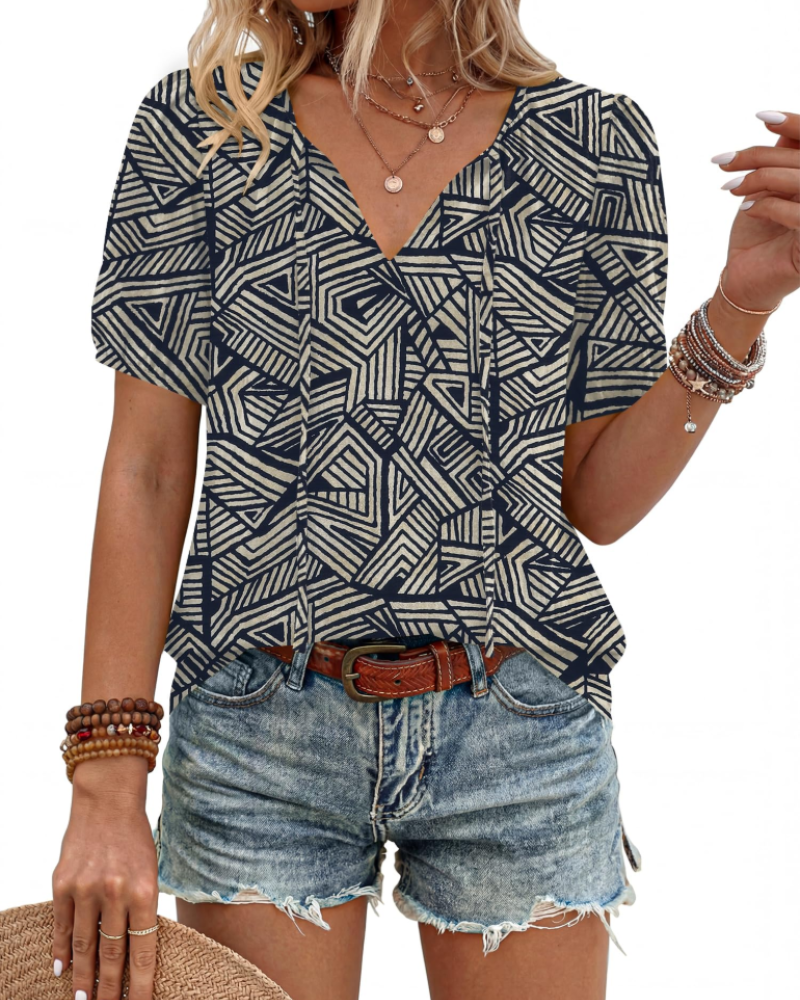 Isla Blusa Mujer – Estilo Boho, Escote en V, Lazo Frontal y Manga Abullonada