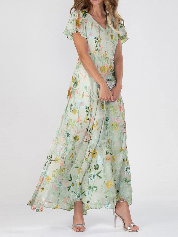 Aurora Vestido Largo para Mujer – Estampado Floral Elegante con Escote en V