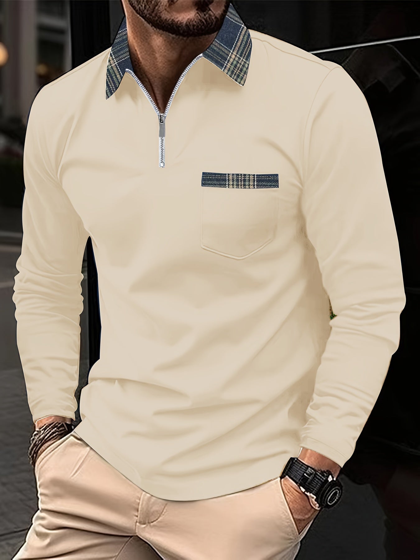 Frank Polo de Manga Larga para Hombre – Polo Cremallera Cuadros Elegante