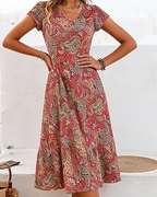 Sienna Vestido Midi Mujer – Floral, Escote en V, Manga Corta y Corte A