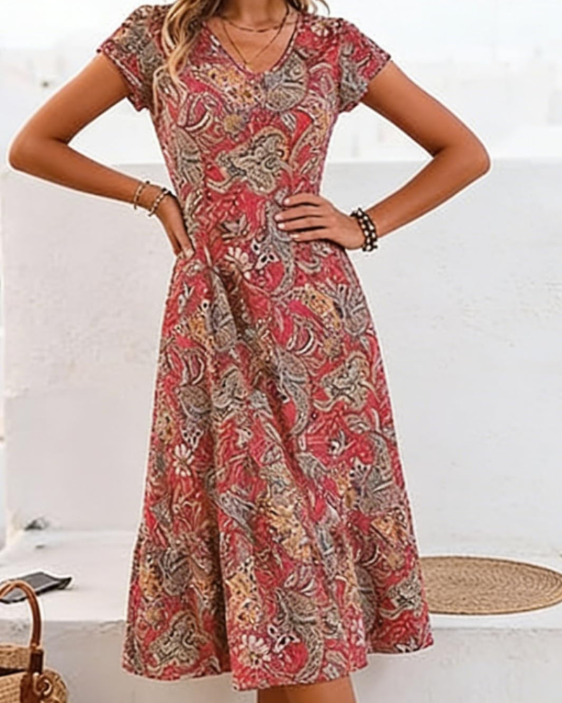 Sienna Vestido Midi Mujer – Floral, Escote en V, Manga Corta y Corte A