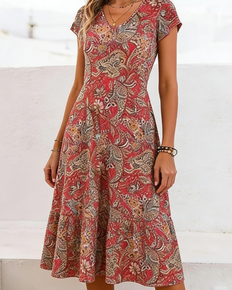 Sienna Vestido Midi Mujer – Floral, Escote en V, Manga Corta y Corte A