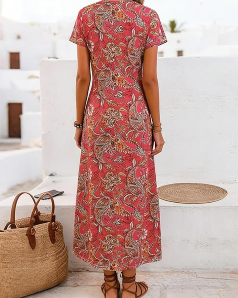 Sienna Vestido Midi Mujer – Floral, Escote en V, Manga Corta y Corte A