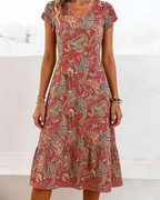 Sienna Vestido Midi Mujer – Floral, Escote en V, Manga Corta y Corte A