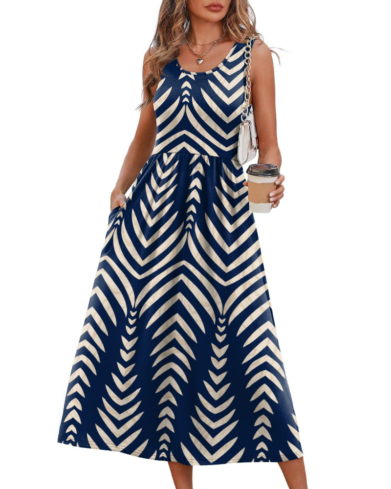 Sabrina Vestido Midi Mujer – Corte Fluido, Escote en U, Bolsillos y Tejido Elástico