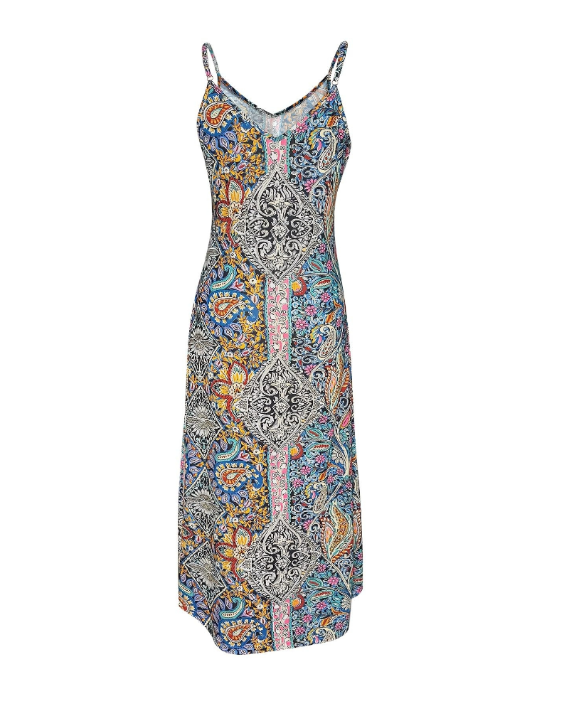 Selena Vestido Maxi Mujer – Boho Vintage, Escote en V, Sin Mangas y Estampado Étnico