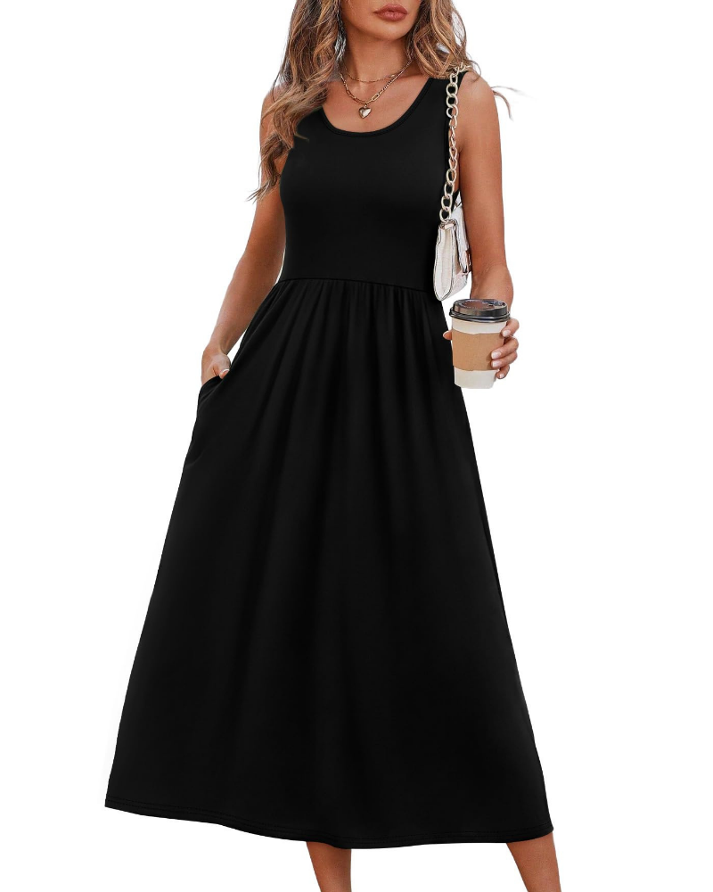 Sabrina Vestido Midi Mujer – Corte Fluido, Escote en U, Bolsillos y Tejido Elástico