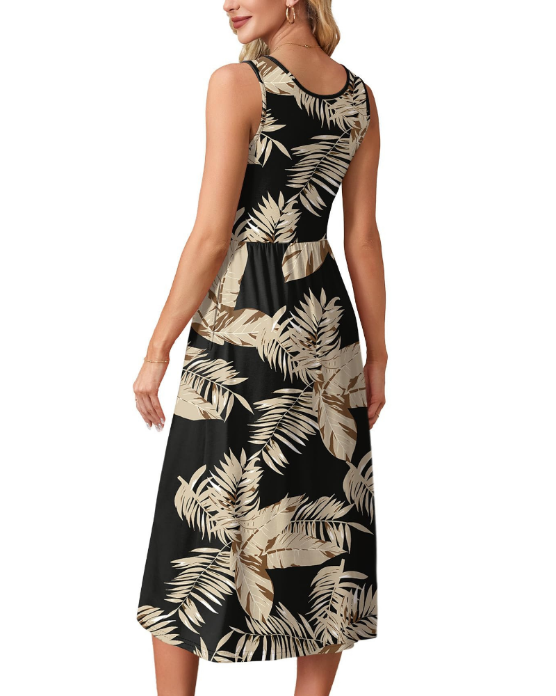 Sabrina Vestido Midi Mujer – Corte Fluido, Escote en U, Bolsillos y Tejido Elástico
