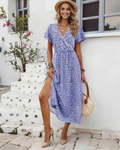 Molly Vestido Maxi Mujer – Escote en V, Manga Corta y Tejido Elástico Ligero