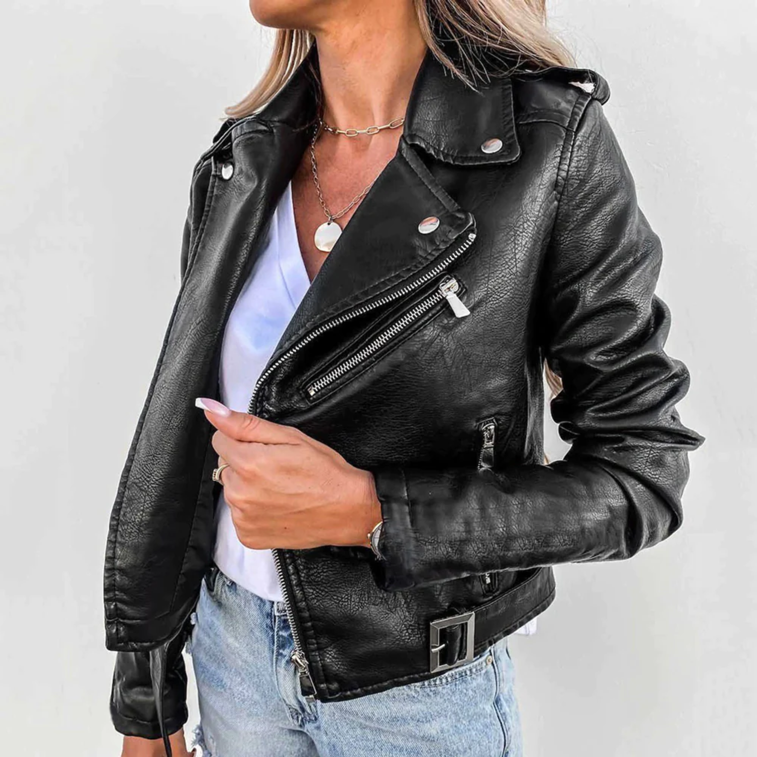 Sophia Chaqueta de Cuero para Mujer – Cuello Alto Elegante con Cinturón Ajustable
