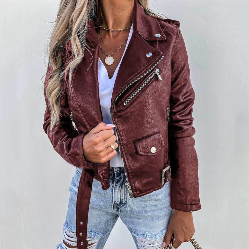 Sophia Veste en Cuir pour Femme – Col Montant Élégant avec Ceinture Ajustable