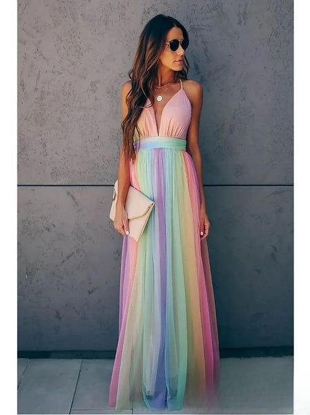 Isabelle Vestido Largo Arcoíris para Mujer – Vestido Maxi Elegante Verano Chic