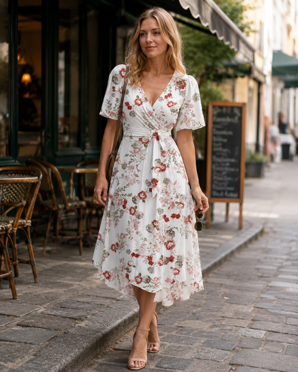 Vestito Midi Floreale da Donna Florence – Collo Incrociato, Cintura e Maniche a Sbuffo