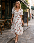 Vestito Midi Floreale da Donna Florence – Collo Incrociato, Cintura e Maniche a Sbuffo
