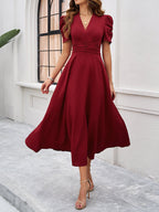 Clara Vestido Midi Elegante para Mujer – Vestido Invitada Boda Manga Abullonada