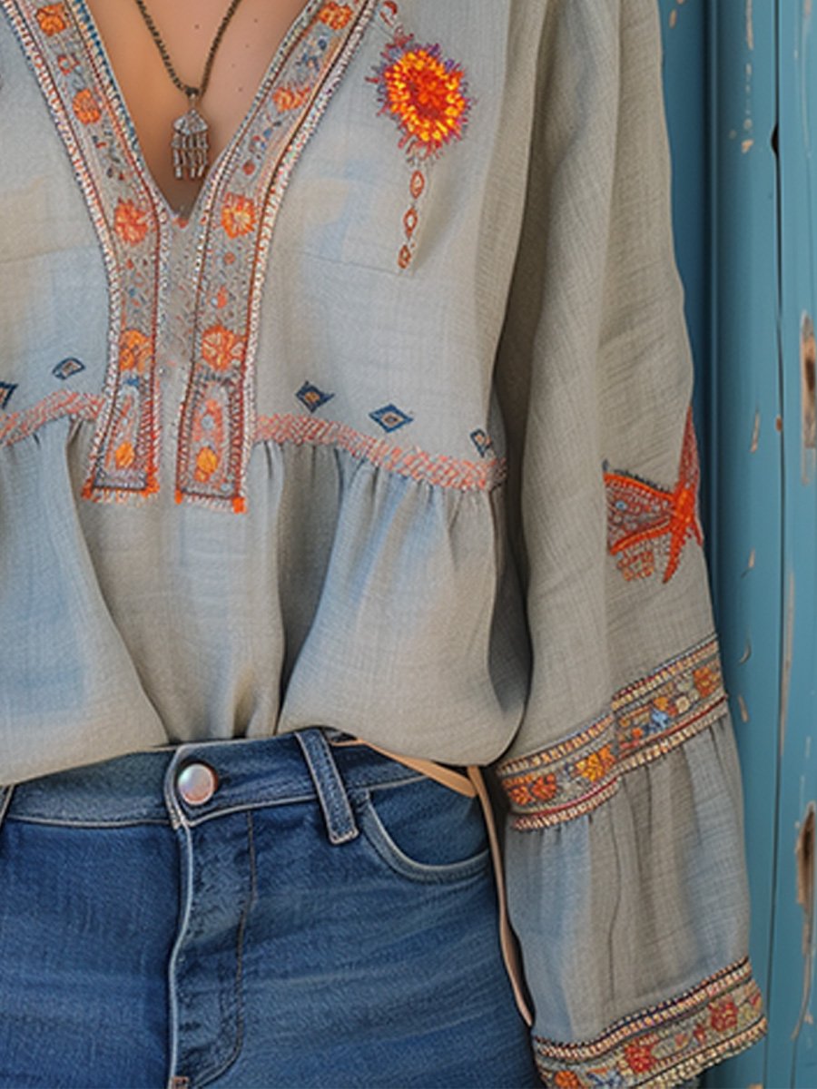 Sofia Blouse Bohème pour Femme – Broderies Élégantes, Coupe Fluide et Style Estival
