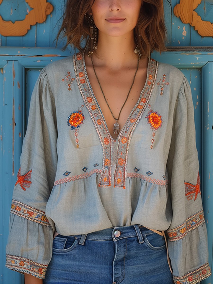 Sofia Blouse Bohème pour Femme – Broderies Élégantes, Coupe Fluide et Style Estival